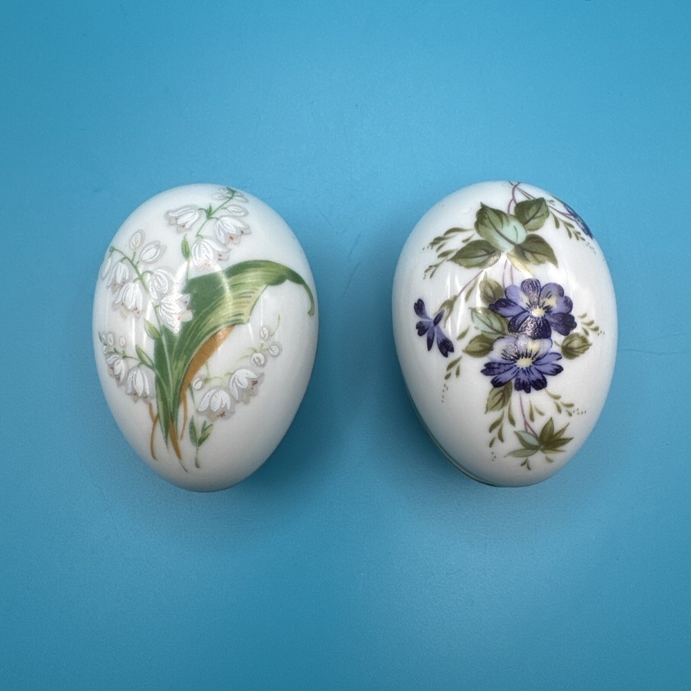 Vintage Porcelain Easter Egg Trinket Ring Boxes Made‎ in Japan Set of 2 Floral